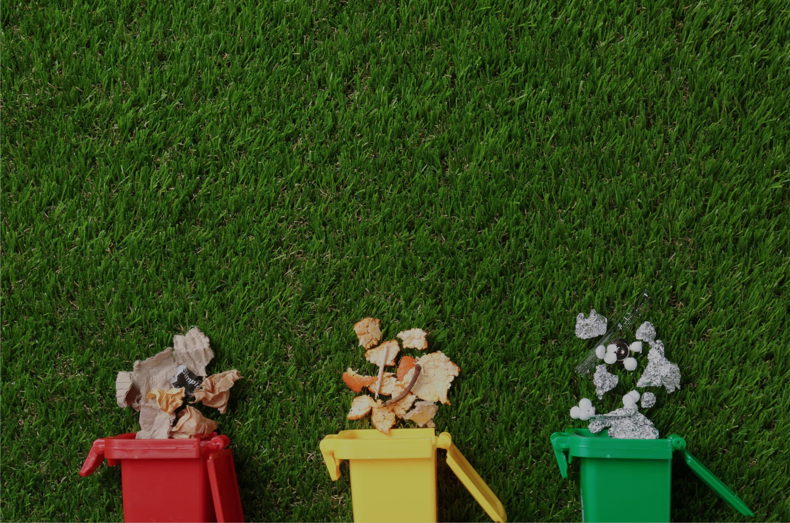 Three coloured waste bins filled with organic material on grass